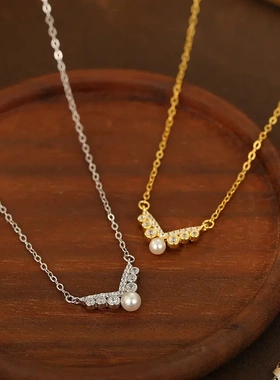 s925银轻奢v字镶钻珍珠项链女高级感法式气质新款潮锁骨链