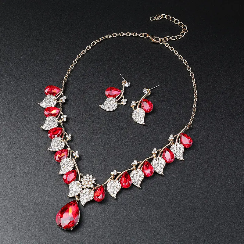 欧美饰品民族风复古首饰套装 宝石项链锁骨链女树叶水滴