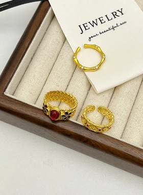 宫廷风复古金色珐琅竹节戒指女新中式轻奢高级感可调节食指戒指环