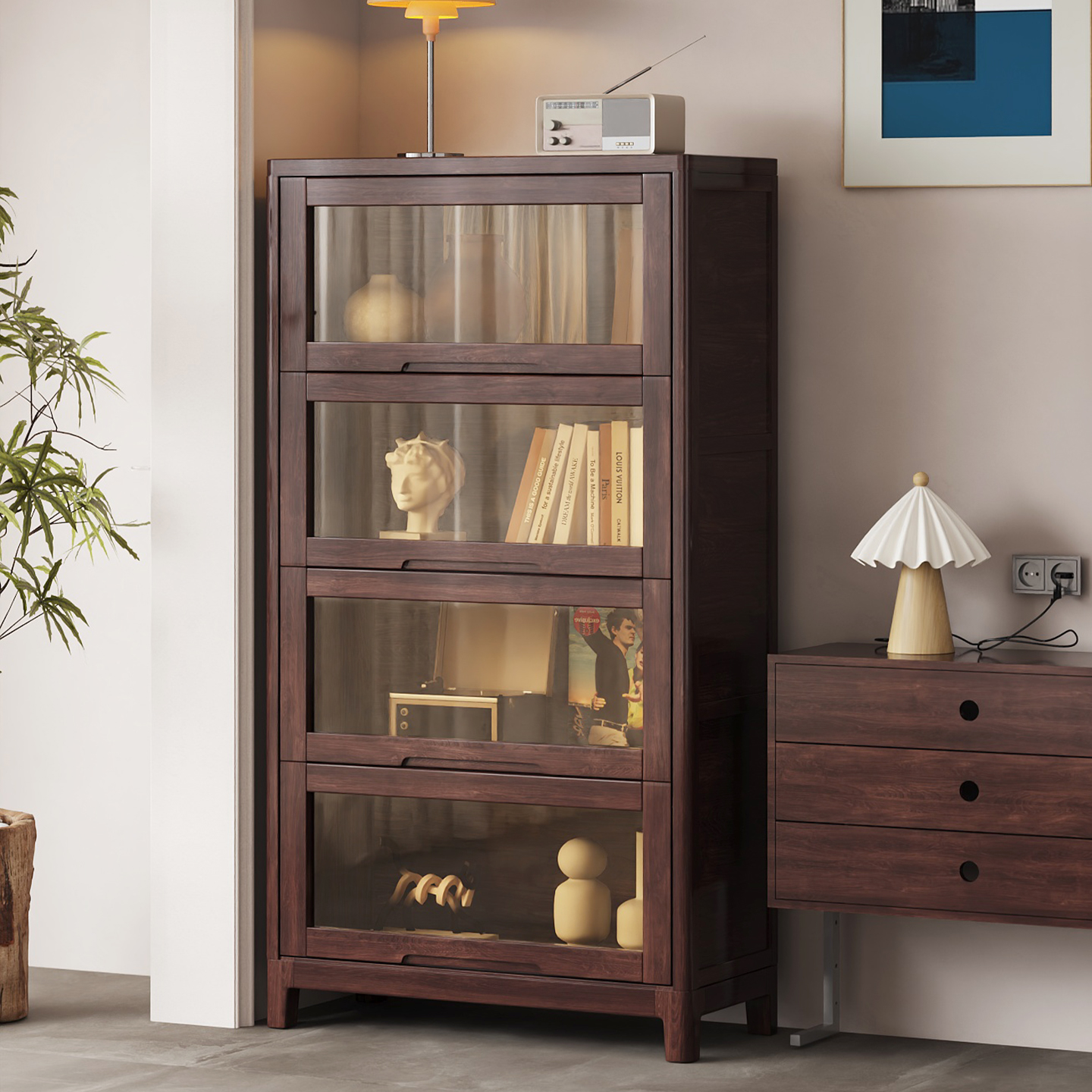 新中式实木书柜玻璃门书架置物架