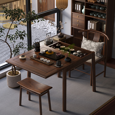 御云锦新中式茶桌实木阳台桌椅组合小型家用多功能方形推拉泡茶台