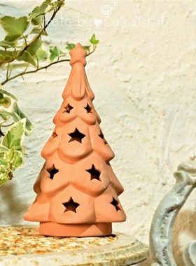 红陶圣诞树摆件生日礼物可爱卧室星星陶瓷小夜X灯透光氛围灯