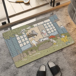 卡通浮世绘猫咪卫生间地垫浴室厨房E门口防滑垫吸水速干硅藻泥脚