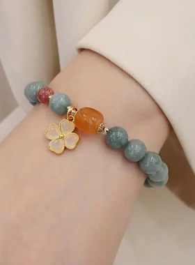 网红天然玉石水晶手链四吊坠仿东陵玉小清新设计转运珠