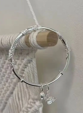 包邮繁花似锦银色手镯女高级感古法素圈配饰品合金推拉实心镯子