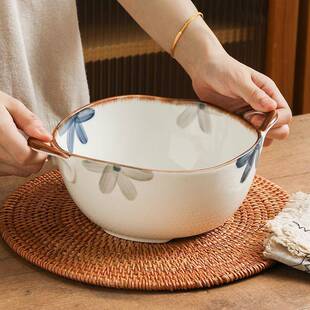 墨蓝花双耳碗汤碗复古风手柄陶瓷碗大号大碗吃面碗家用拉面碗汤盆