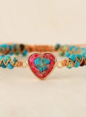 速卖通热销帝皇石桃心形双层手工编织手链可调节手串