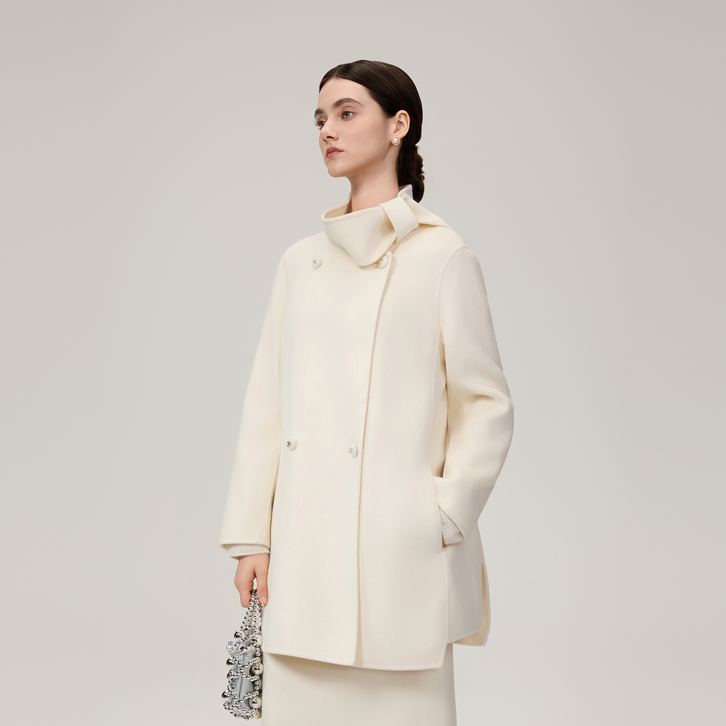 HiSaily商场同款羊毛羊绒双面呢大衣女冬款围巾领毛呢外套