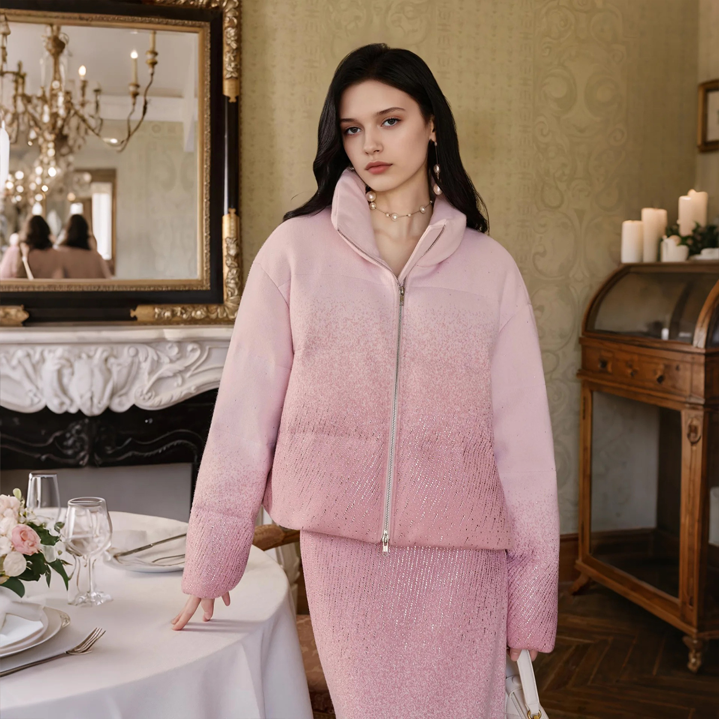 HiSaily商场同款淑女风粉色立领短款羽绒服女冬季气质拉链鹅绒服