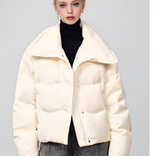 【秀场同款】F家同款 醋酸缎面白色短款泡芙轻通勤立领羽绒服女25