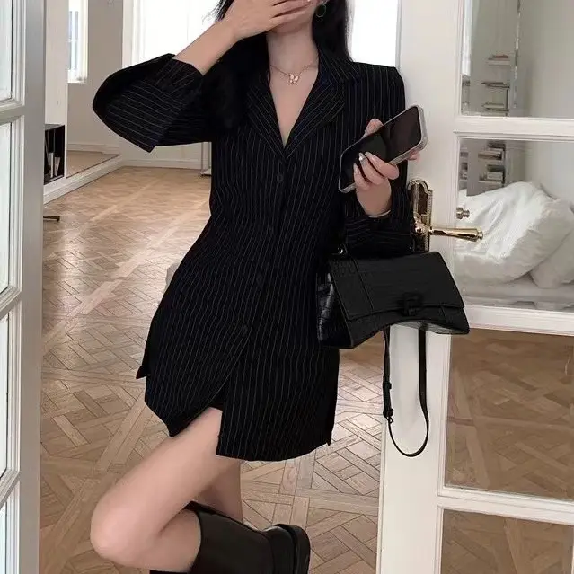爱裳悠内衣男友衬衫长袖条纹修身百搭中长款显瘦秋季收腰上衣