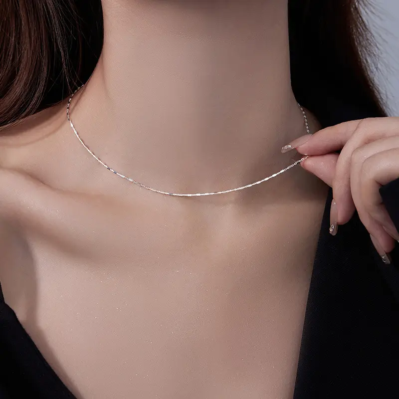 s925银极简小方块配饰项链女小众ins叠戴风气质素银锁骨链