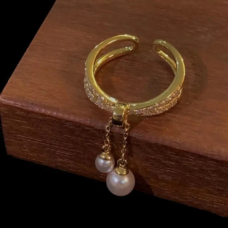 真金电镀锆石珍珠双层开口戒指轻奢小众食指戒个性设计感手饰