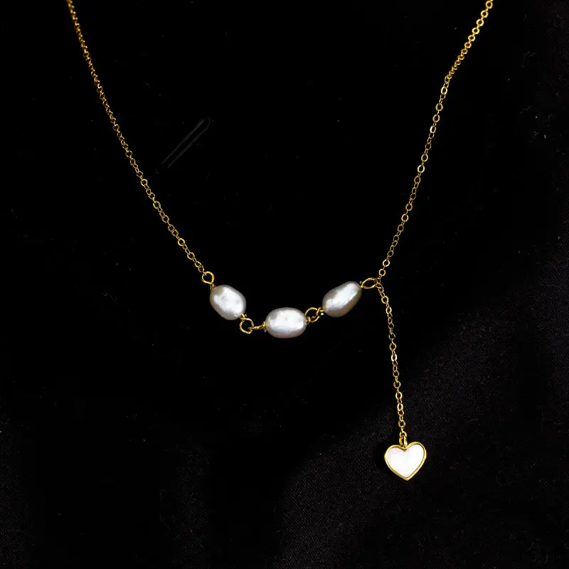 s925银天然珍珠项链女法式高级感白贝母爱心流苏锁骨链