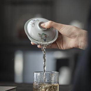 家用高足泡茶碗功夫茶具陶瓷主泡茶碗 复古月蝶手工描银盖碗日式