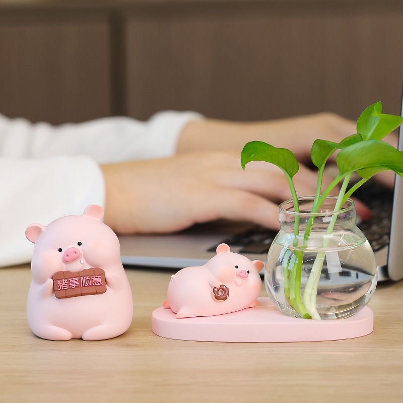 创意卡通可爱猪囡囡家居装饰小摆件治愈系桌面网红绿萝养殖玻璃瓶