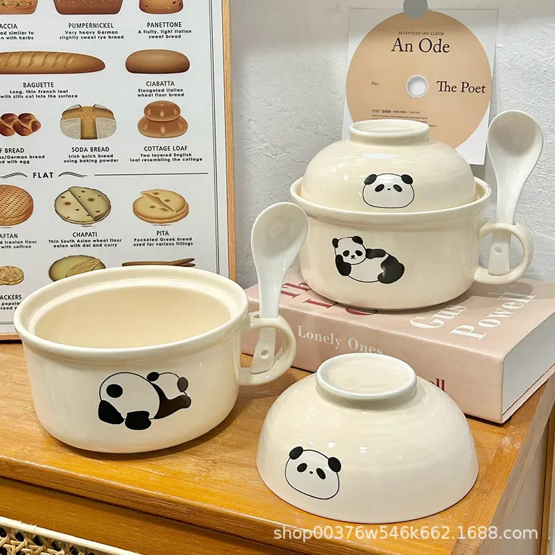 泡面碗带盖陶瓷日式可爱卡通带手柄饭碗饭盒汤碗碗宿舍用学生