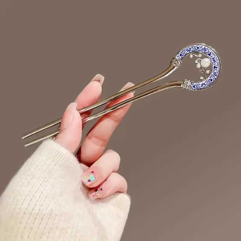 u形发夹红色花朵珍珠流苏发簪 女古风新年盘发订婚敬酒服头饰