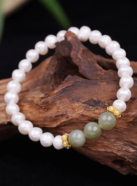 觉春仿珍珠手链女文艺复古民族风晴水仿和田玉手串新中式送人礼物