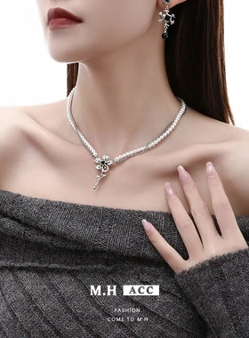 彩色滴油花朵项链双层设计轻奢田园风女毛衣链珍珠甜美项饰女