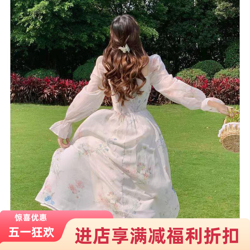 2025夏季新款绝美长袖雪纺连衣裙仙女超仙森系温柔风茶歇法式
