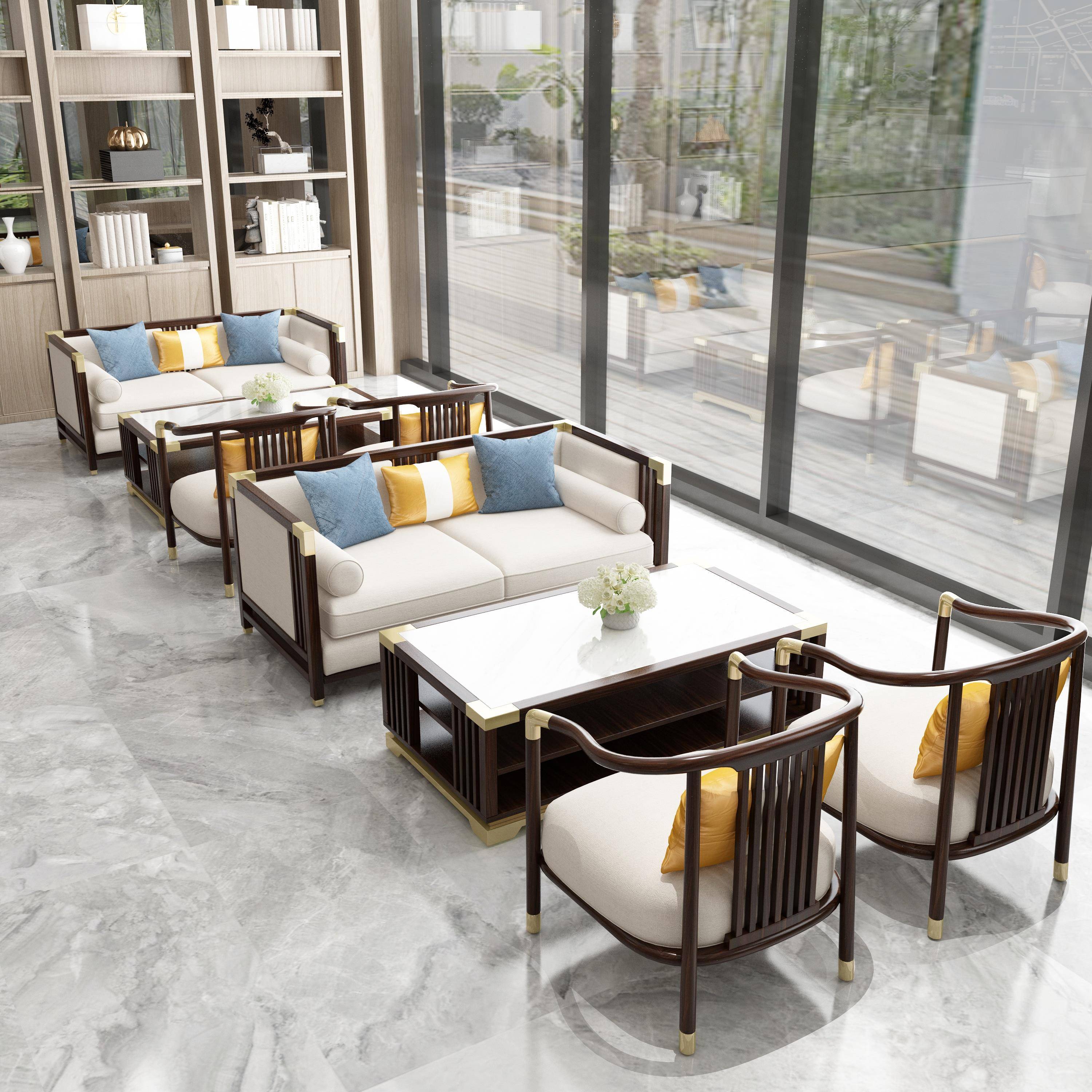 新中式售楼处部洽谈沙发酒店大堂会客商务卡座休息区接待桌椅组合