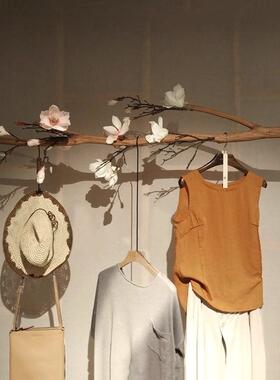 原色树枝挂衣架带皮干树枝原木风民宿装饰吊架带花灰色咖啡色木色