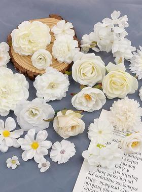 白色系仿真花 假花绢花 玫瑰花绣球牡丹花头 diy手工材料婚庆装饰