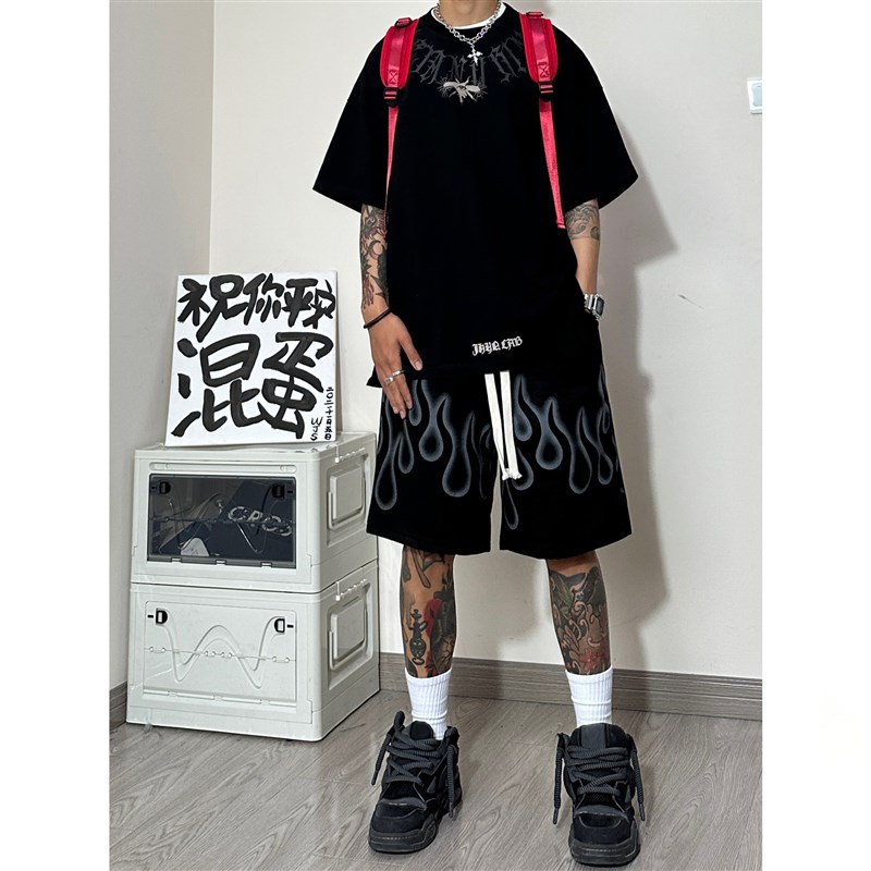 大码300斤短裤男夏季美式高街复古运动裤子火焰潮牌休闲五分卫裤2