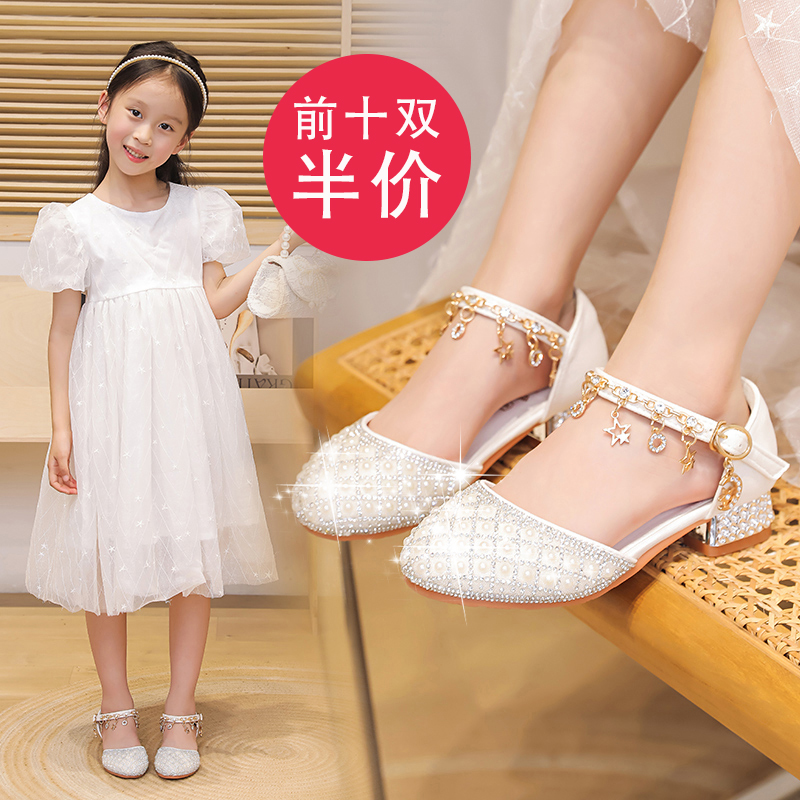 女童皮鞋儿童高跟水晶公主鞋女孩银白色礼服走秀钢琴表演出鞋单鞋