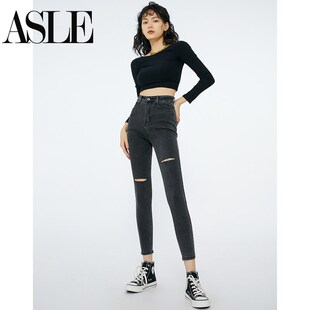 破洞高腰牛仔裤女小个子小脚裤2024新款春秋烟灰色紧身显瘦九分裤