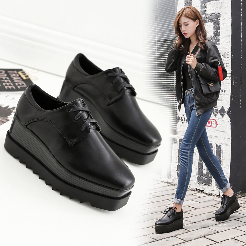 韩国厚底松糕底单鞋女2023新款百搭系带方头坡跟黑色高跟女鞋增高