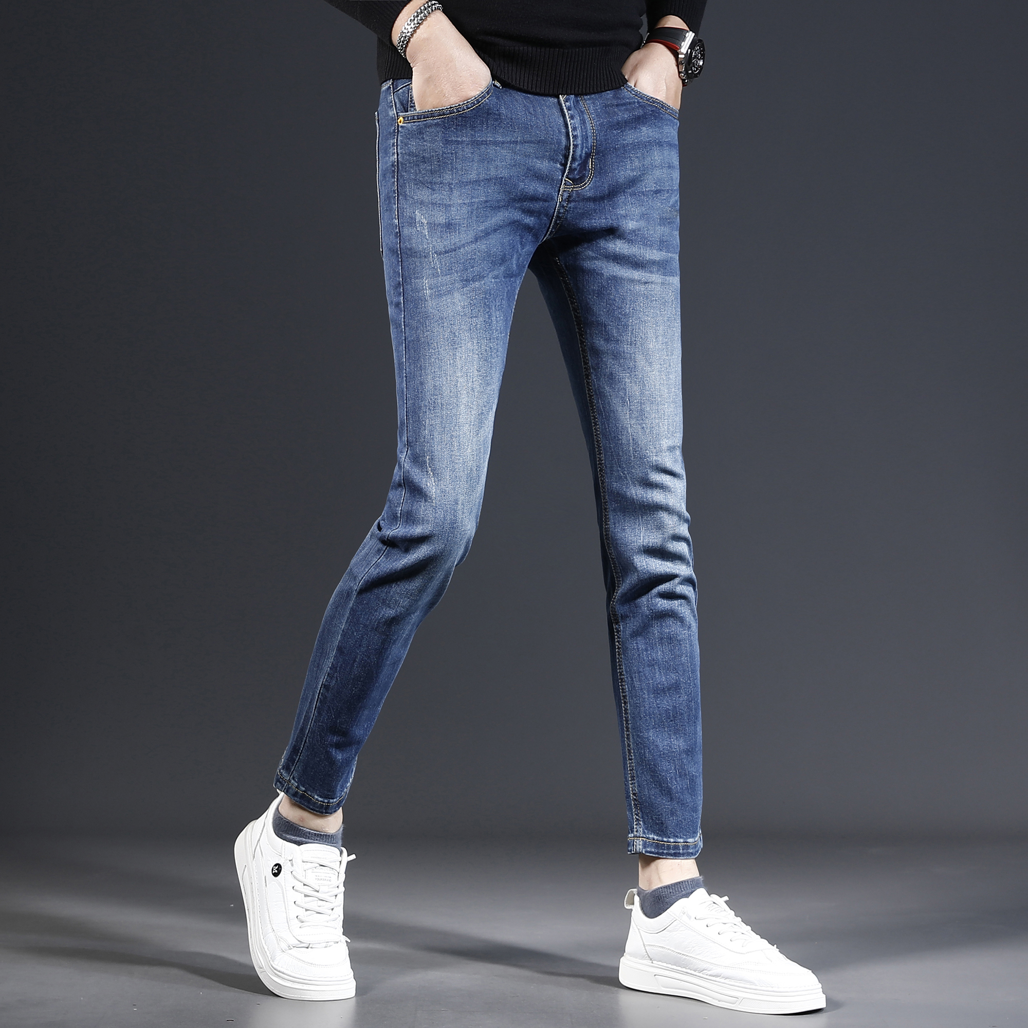 经典蓝色九分牛仔裤男修身小脚2024新款夏季弹力百搭休闲男士裤子