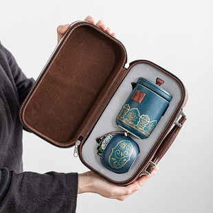 旅行茶具套装便携式户外皮包套装一壶三杯快客陶瓷商务礼品伴手礼