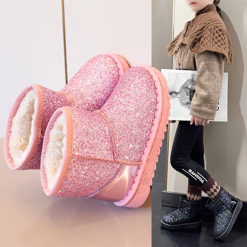 秋冬亮片雪地靴防寒保暖外穿男女宝宝加绒加厚时尚超萌小中大童靴