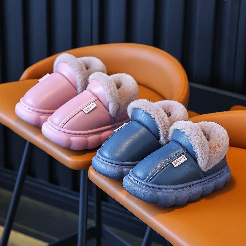 2025秋冬季棉拖鞋男女童防水pu厚底防滑室内家居冬天加绒保暖棉拖