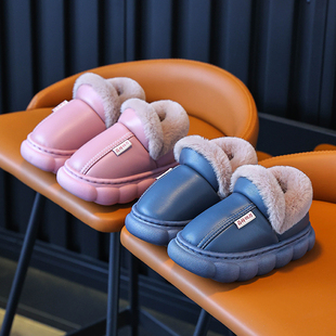 2025秋冬季棉拖鞋男女童防水pu厚底防滑室内家居冬天加绒保暖棉拖