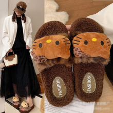 豹纹卡通可爱小猫外穿厚底羊羔毛拖鞋