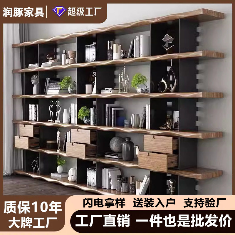 实木书架置物架落地多层展示收纳阅读陈列书柜一体整靠墙美式实木图片