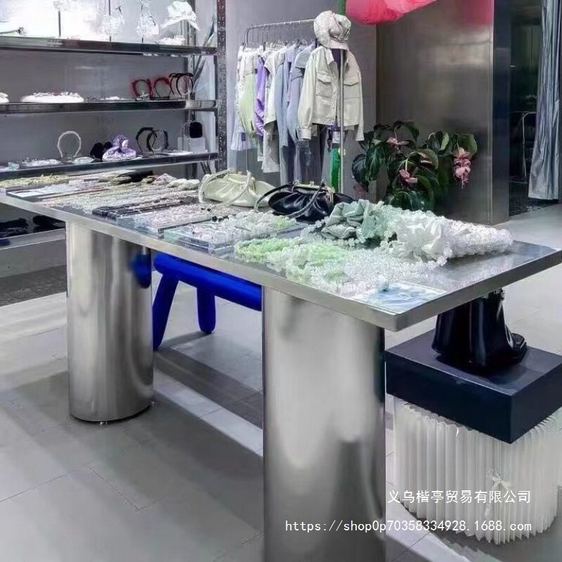 服装店陈列道具饰品展示桌子中间摆放流水台不锈钢拉丝中岛展示台