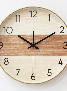 静音无声卧室挂钟塑料仿木纹竹纹圆形12英寸客厅新款石英钟表挂表