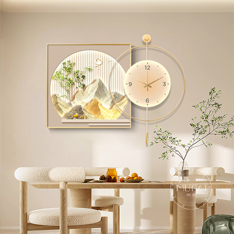 奶油风餐厅装饰画钟表挂画餐桌背景墙高级感客厅壁画挂钟灯画发光
