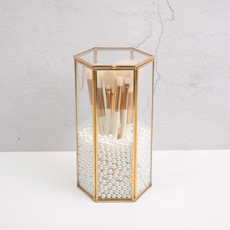 六边形翻盖玻璃化妆刷收纳盒美妆刷桶家居装饰公主少女收纳筒北欧图片