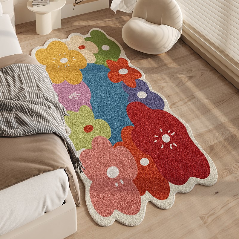 小花地毯卧室房间改造彩色毛绒床C边毯坐垫阳台装饰飘窗毯客厅地