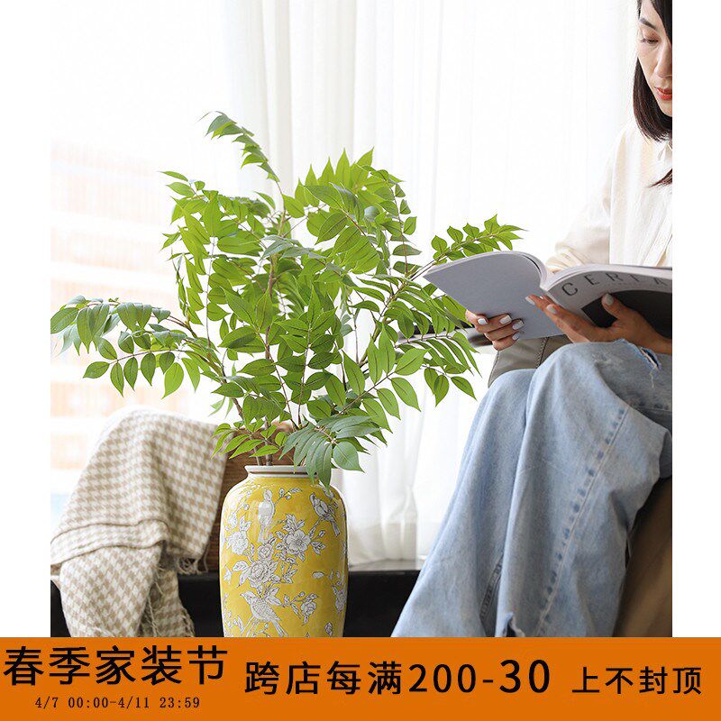 芙菡家居帝王黄《灵雀兆喜》古董藏品手绘釉下彩客厅水培陶瓷花瓶