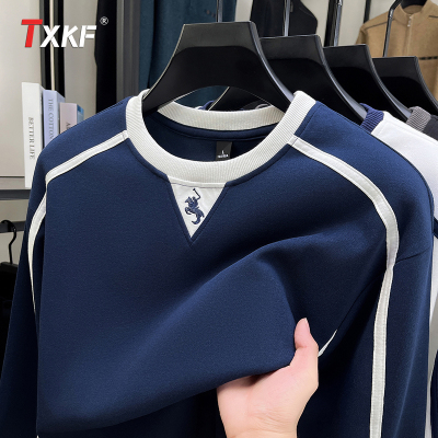 保罗刺绣拼接卫衣男士2025新款春秋冬季加绒纯棉打底长袖t恤男款