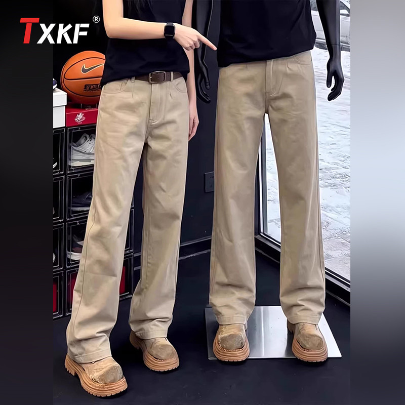 潮牌卡其色直筒休闲裤子男士2026新款夏季男裤高级感微喇西裤男款