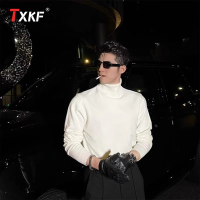 潮牌高级感白色毛衣男士2025新款春秋冬季修身高领针织打底衫男款