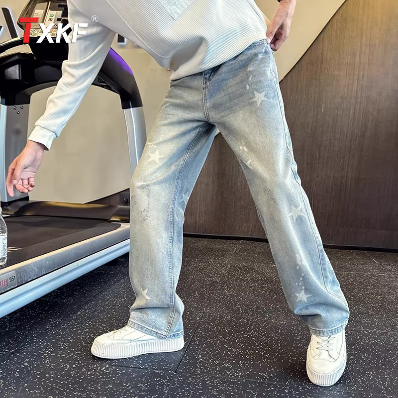 潮牌直筒牛仔裤男士2026新款春季男裤痞帅五角星印花休闲裤子男款