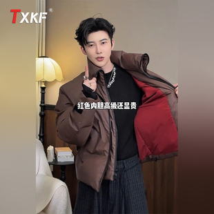 潮牌咖色立领棉服男外套男士2025新款冬季高级感加厚夹克男款冬装